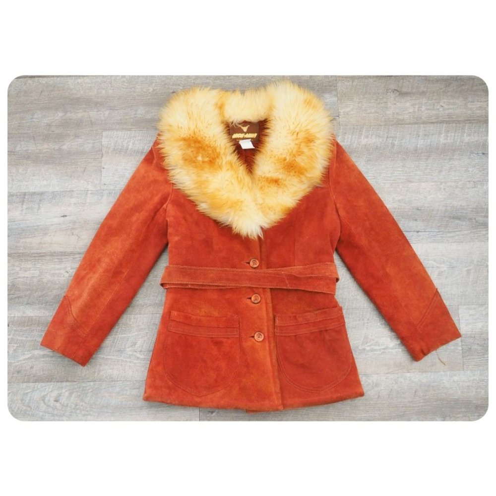 Vintage Orange Suede Jacket with Yellow Fur Collar
